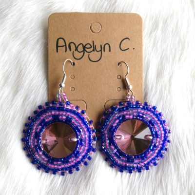 Authentieke ronde kralenwerk oorbellen paars/roze Angelyn (KIOWA)