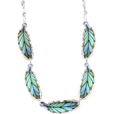 Copper choker colorful feathers Lynn Bean design Greenish blue