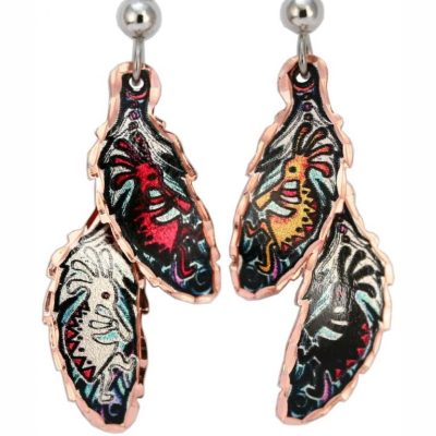 Double Copper Feather Kokopelli Earrings