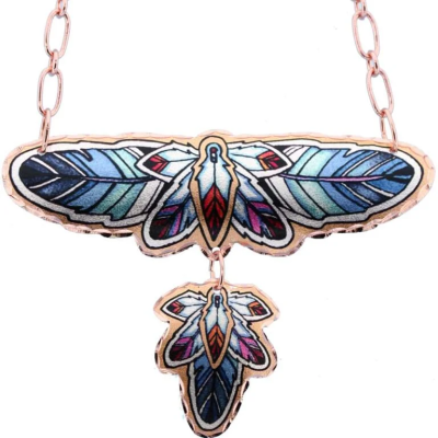 Copper necklace colorful feather Lynn Bean design