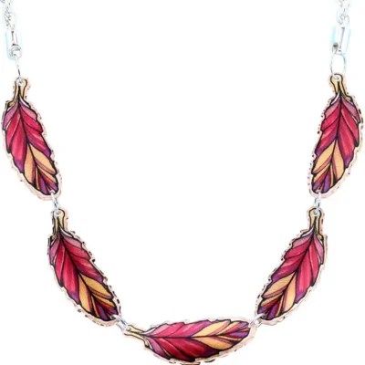 Copper choker colorful feathers Lynn Bean design red